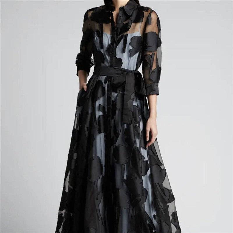 UZ Store-Semi-Transparent Long Sleeves Midi Dress: BLACK