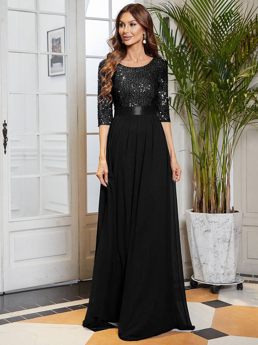Ever-Pretty - Elegant Round Neckline Sequins Patchwork Dress: Navy Blue / 16