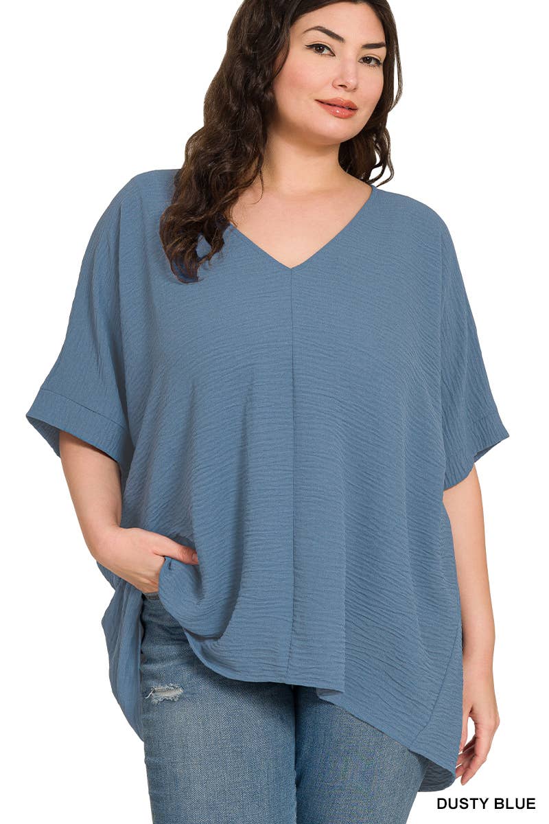42POPS - PLUS SIZE WOVEN AIRFLOW V-NECK DOLMAN SHORT SLEEVE TOP: FUCHSIA-152206 / 3X