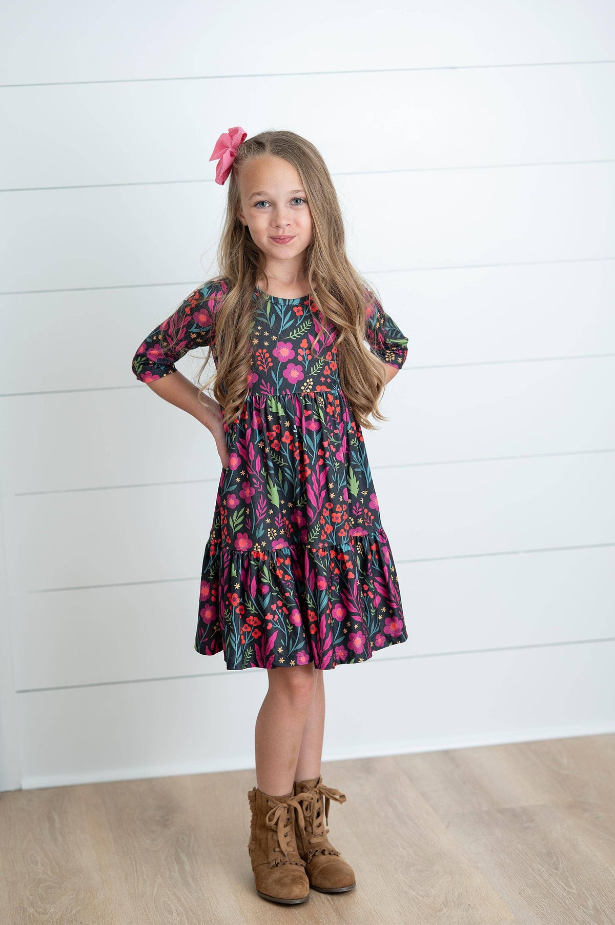 Oopsie Daisy - Girls Emma Dark Magenta Fall Floral Tiered Twirl Dress: 10/12