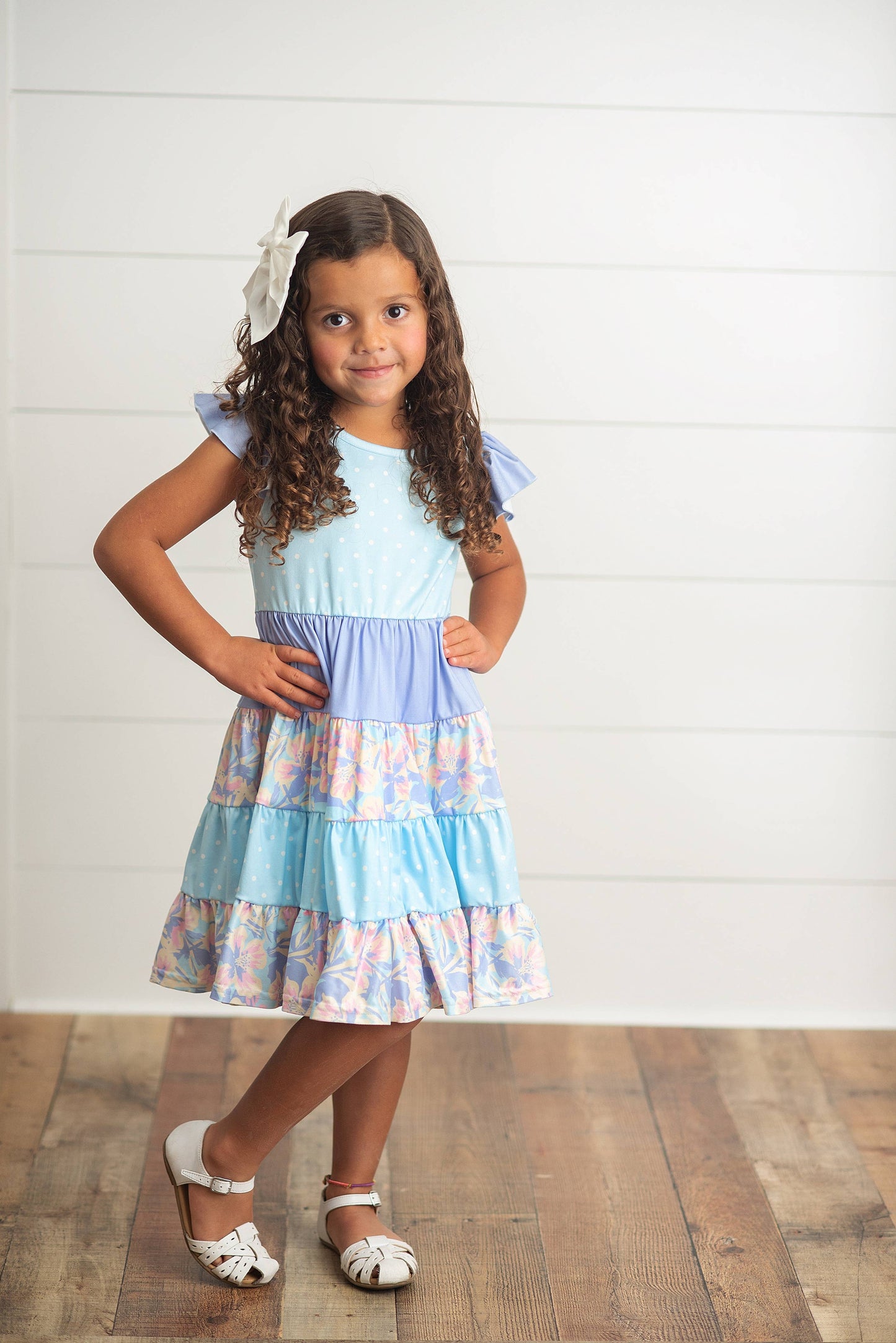Oopsie Daisy - Kids Blue & Purple Polka Dot Floral Tiered Spring Dress: 5/6