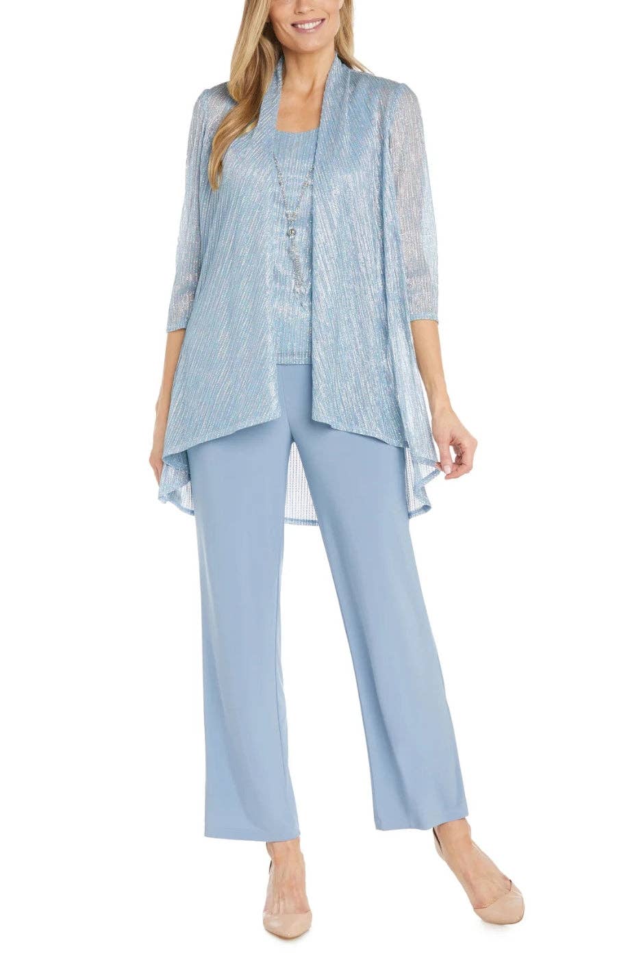 Immediate Apparel - R&M Richards Scoop Neck Sleeveless Top 3/4 Sleeve Jacket Relaxed Straight Trousers Pantsuit with Necklace (Plus Size): BLUE / 14W