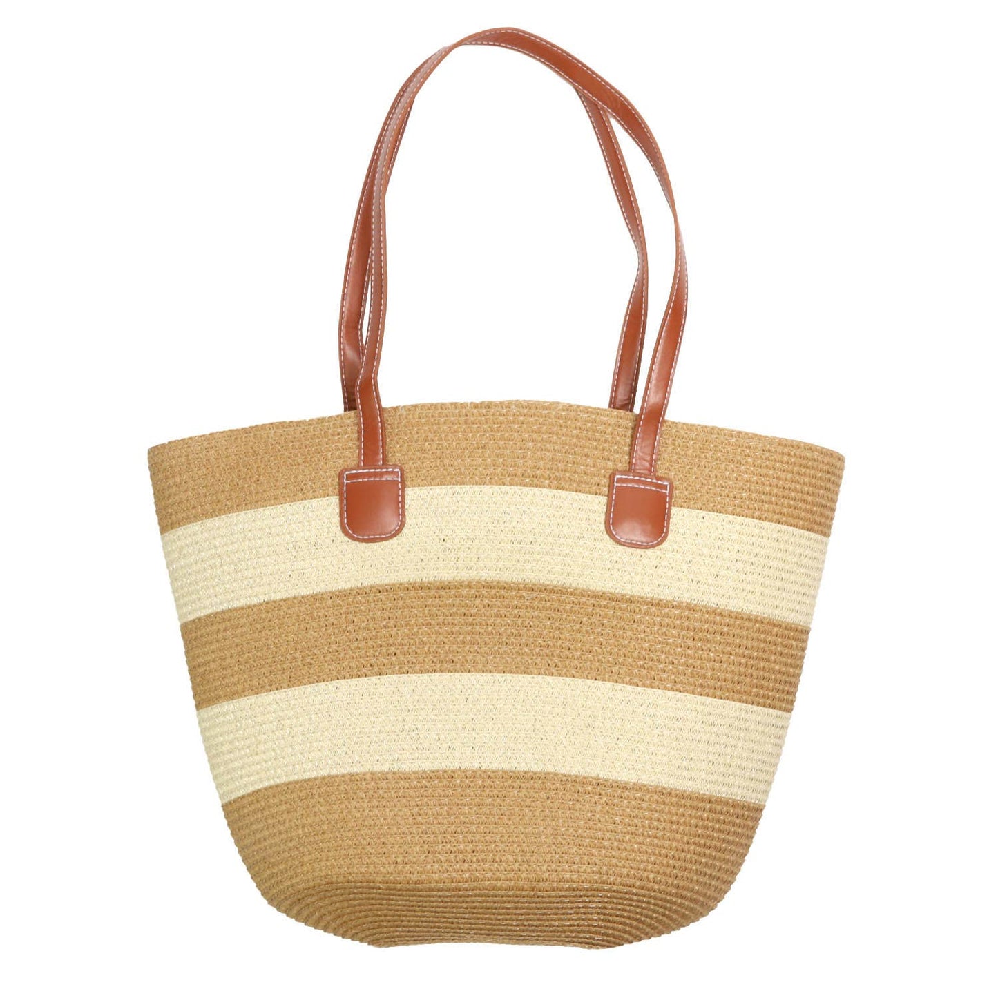 SP Sophia Collection - Striped Woven Shoulder Bag with 25" Faux Leather Handles: Brown/Beige