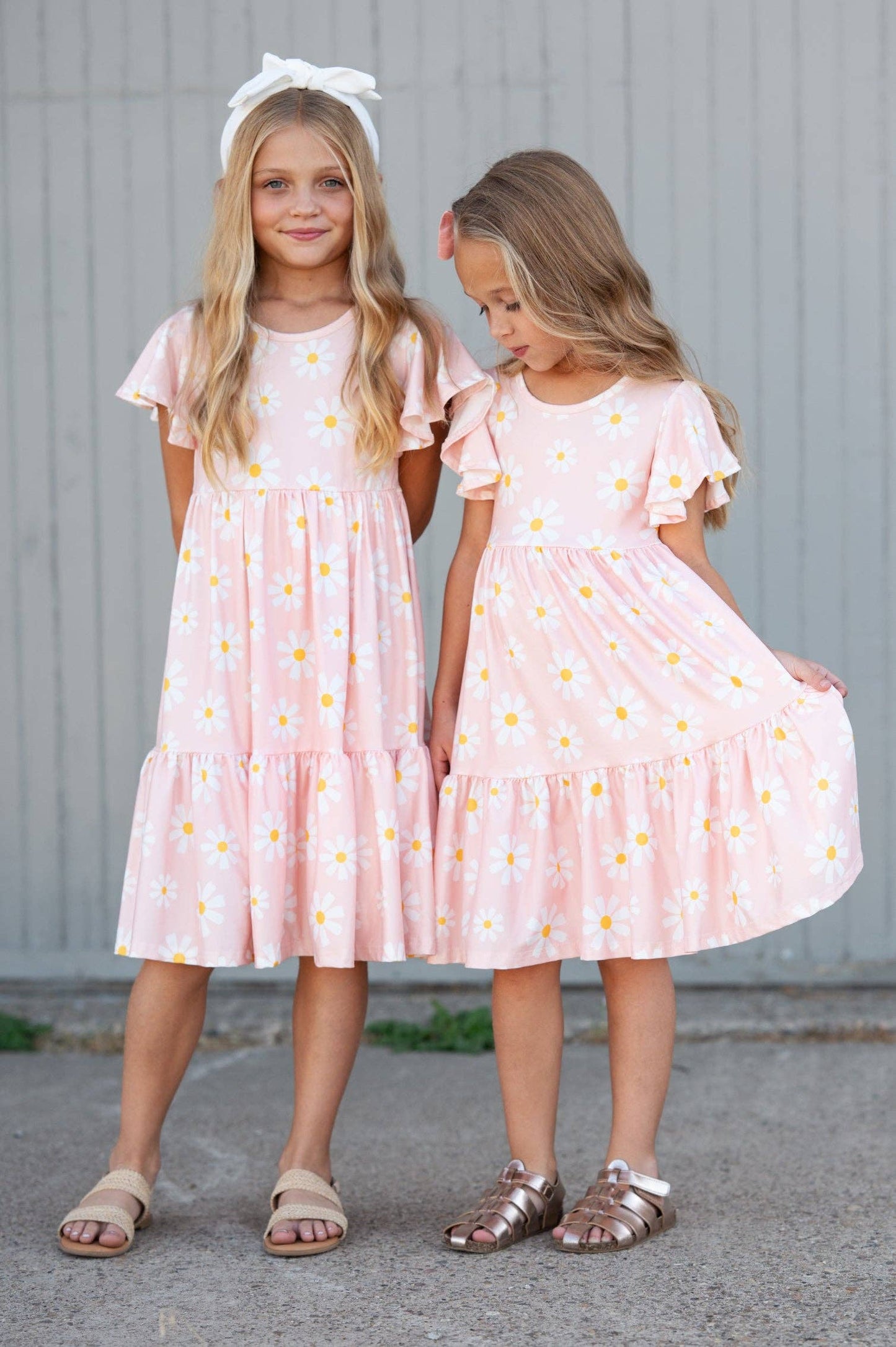 Oopsie Daisy - Girls Emma Pink Spring Daisy Flutter Sleeve Twirl Dress: 14