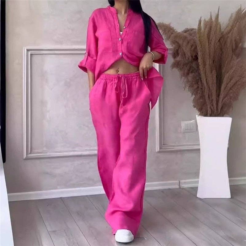 UZ Wholesale Store - Casual Solid Shirt Drawstring Wideleg Pants Set: BLACK / M