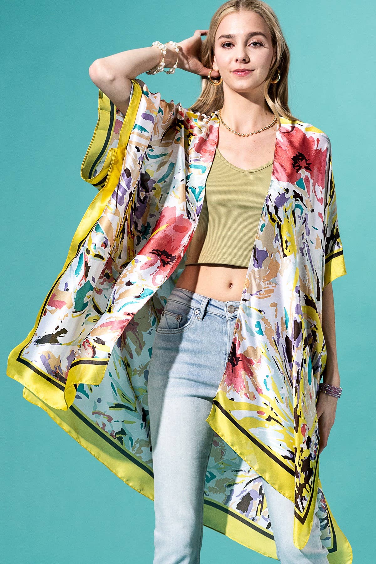 Urbanista - Abstract Floral Print Kimono: PINK-PK