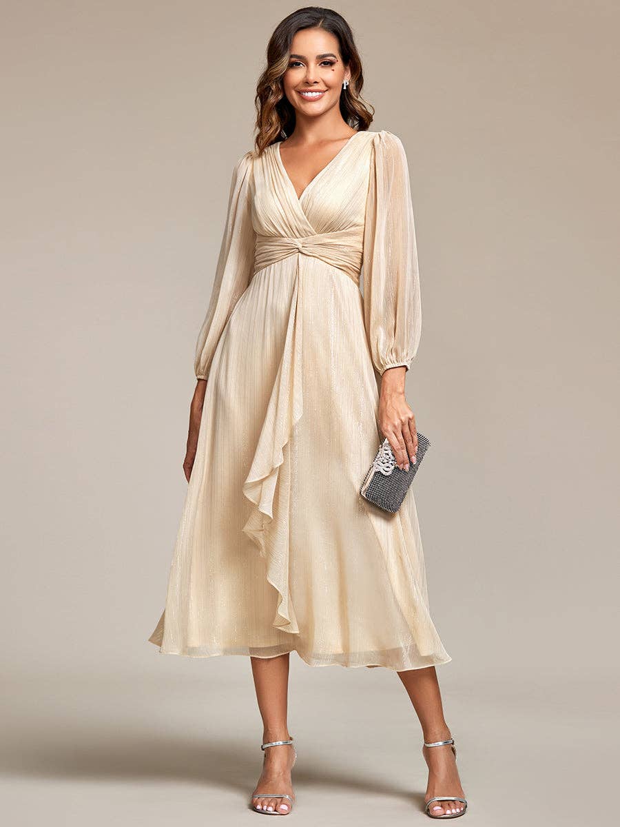 Ever-Pretty - Shiny Chiffon Wedding Guest Dress with Long Sleeve: 4-26 Special Order