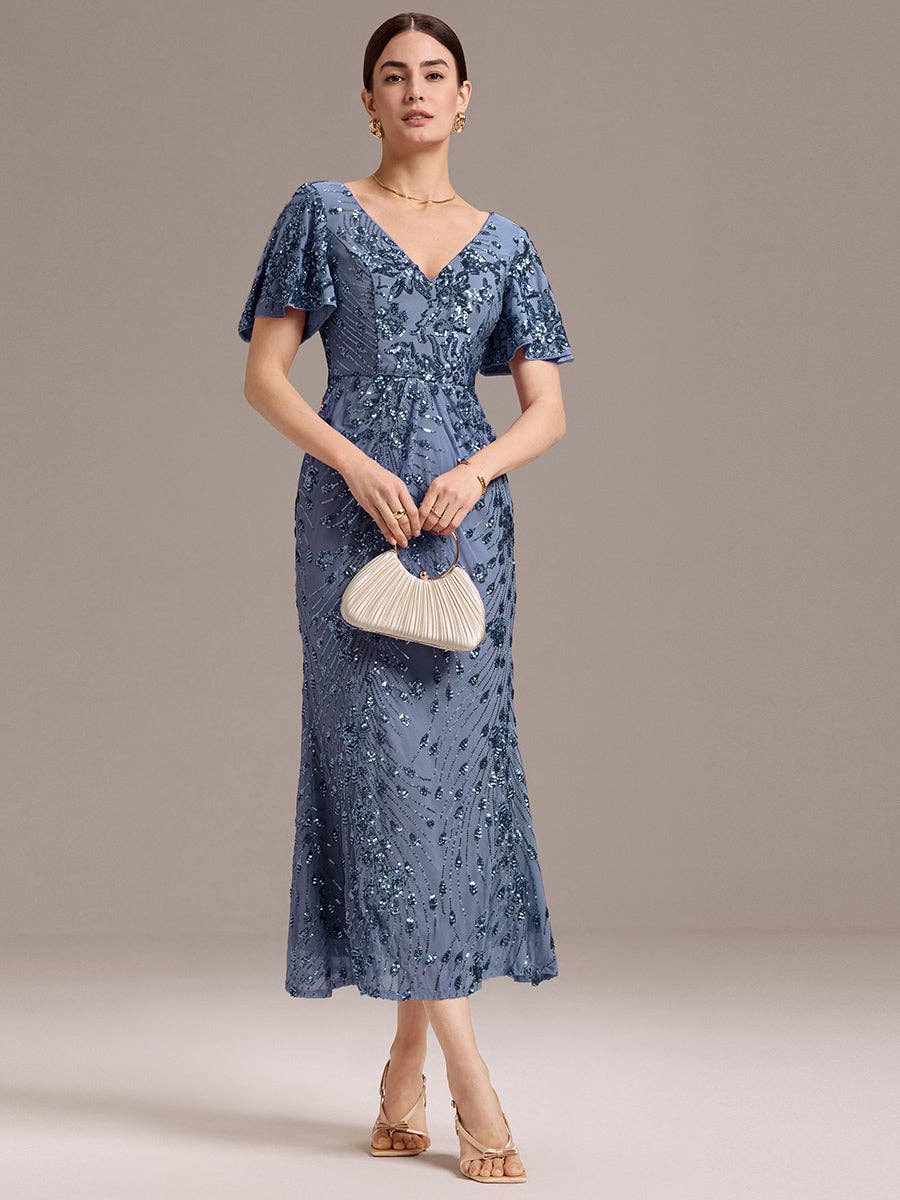 Ever-Pretty - Strapless Deep Fishtail Paillette Midi Evening Dresses: Sapphire Blue / 22