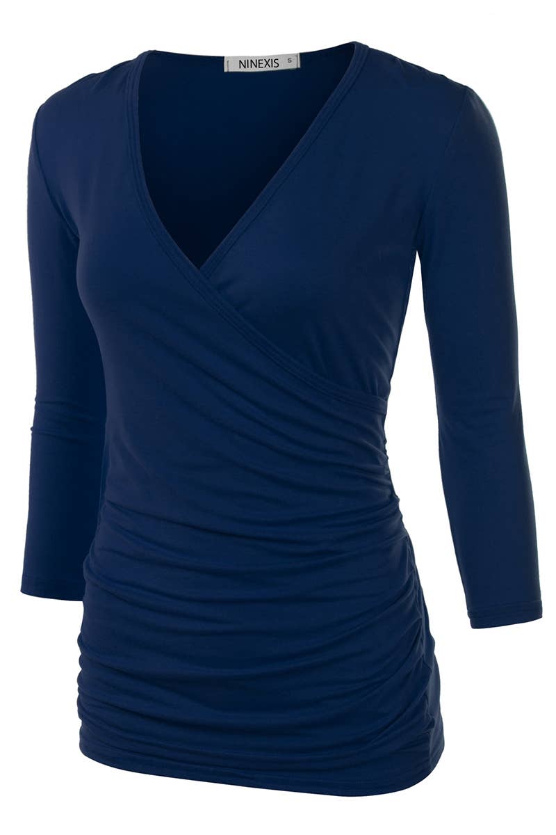 NINEXIS - CWTTL1403_3/4 Sleeve Tank Tops Deep V-Neck Surplice Wrap: NAVY / (S) 1