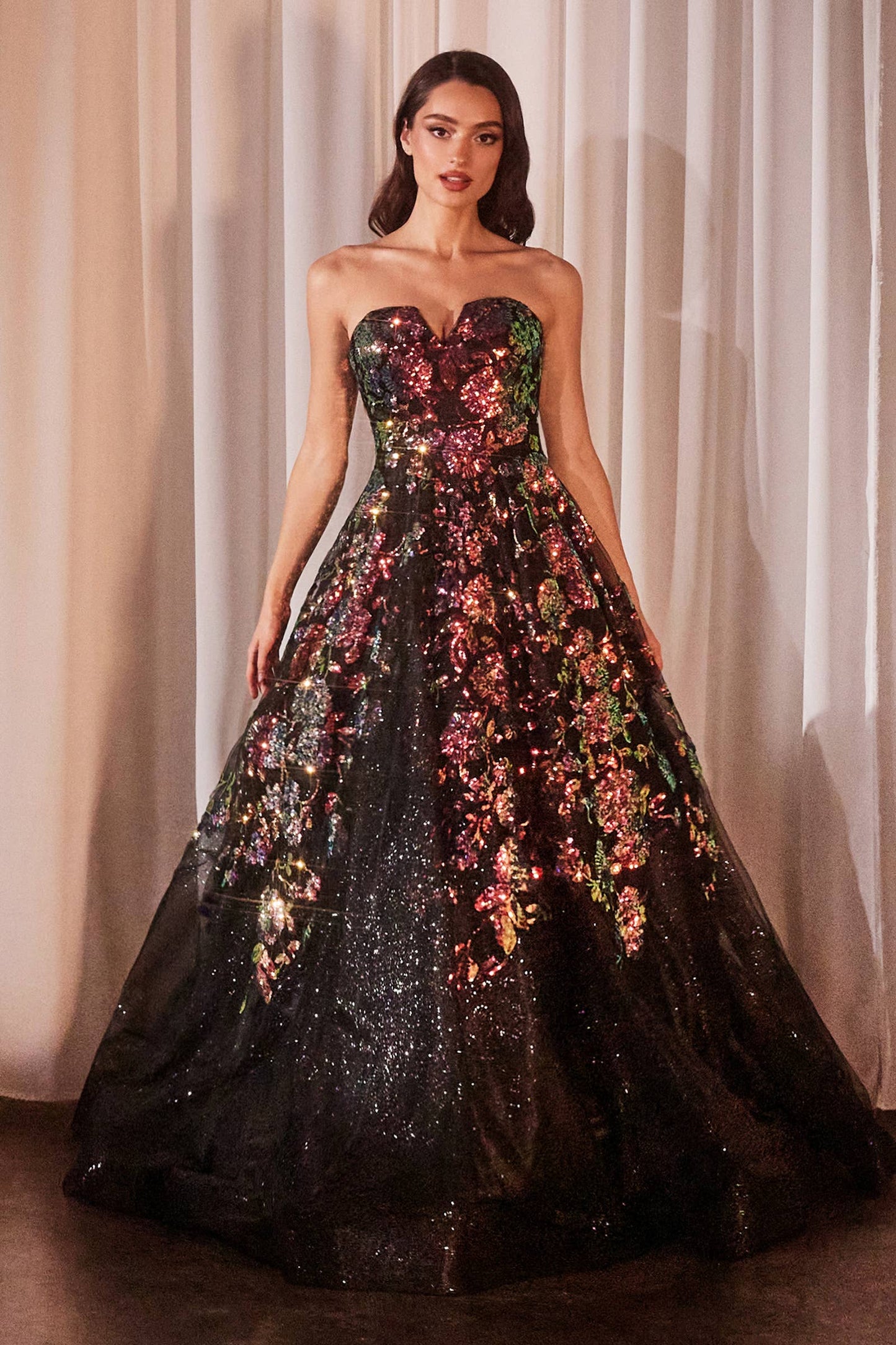 Ladivine by Cinderella Divine - STRAPLESS FLORAL APPLIQUED BLACK BALL GOWN: Black / 6