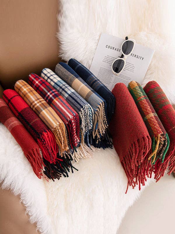 UZ Wholesale Store - Keep Warm Plaid Tasseled Shawl&Scarf: NAVY BLUE / One_size