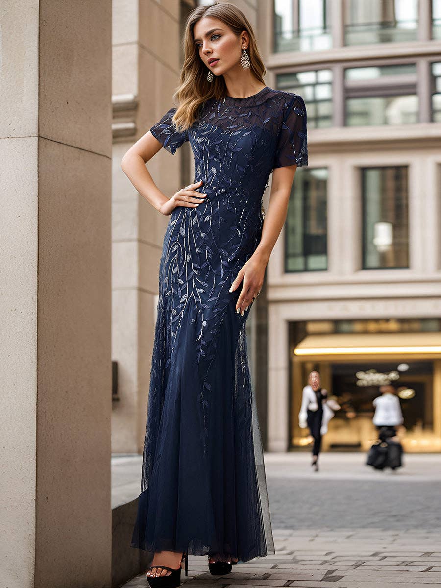 Ever-Pretty - Sequin Shiny Fishtail Tulle Dresses for Party: Dusty Navy / 14