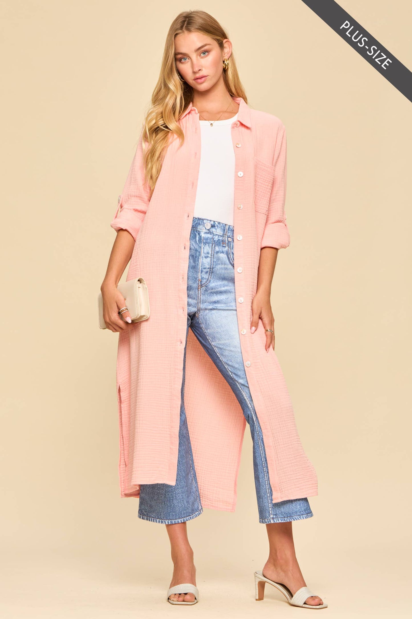 Dear Scarlett  Breathable Cotton Button-Down Duster: PEACH SORBET