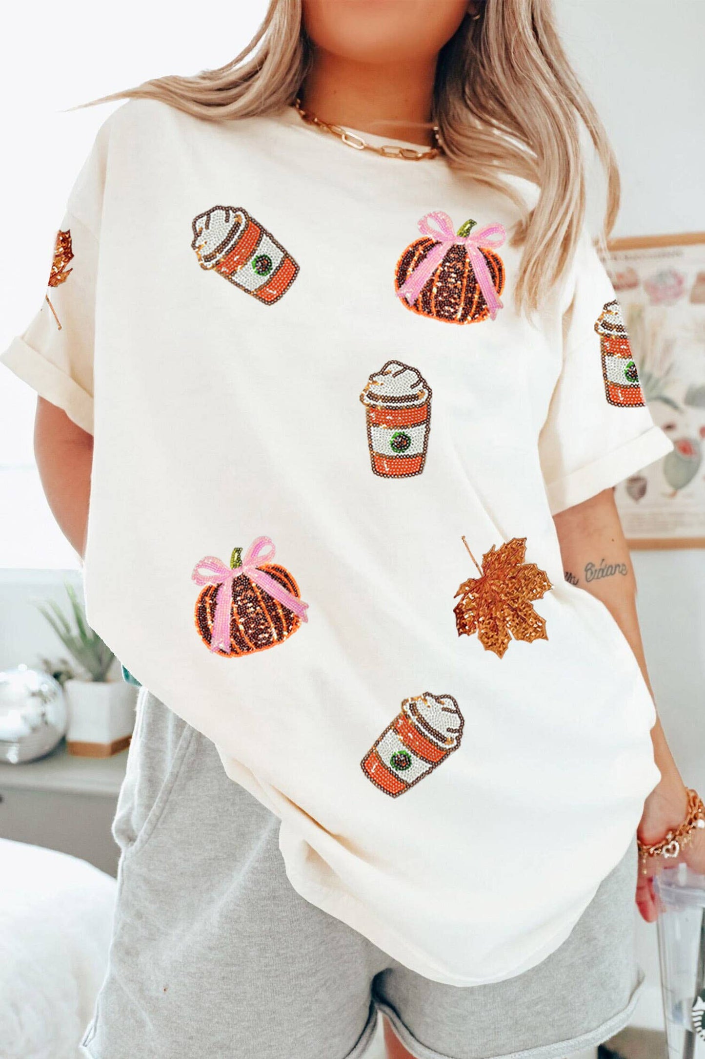 66DISCO - 66Sequined Pumpkin Fall Graphic Casual Shift T Shirt (S-3XL): White / S