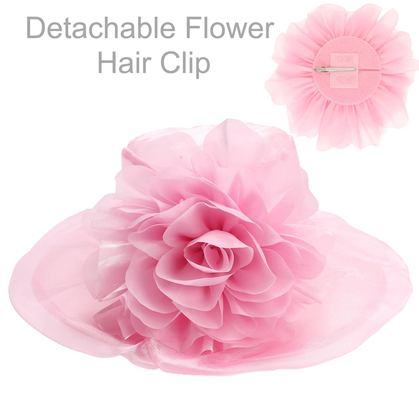 SP Sophia Collection - Wide Brim Organza Hat with Detachable Floral Fascinator Clip: Black