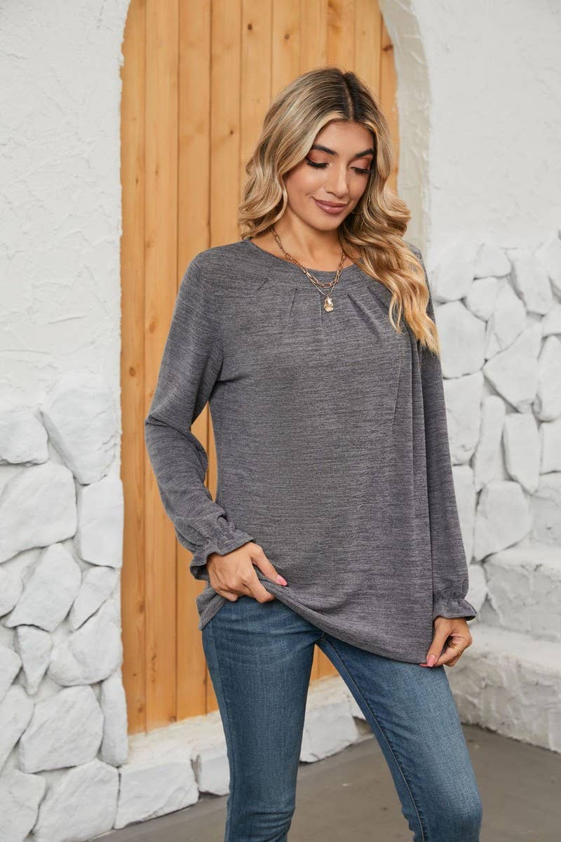 NINEXIS - CWTBLL1048_SOLID COLOR LONG SLEEVE ROUND NECK CASUAL TOP: Green / (XL) 1