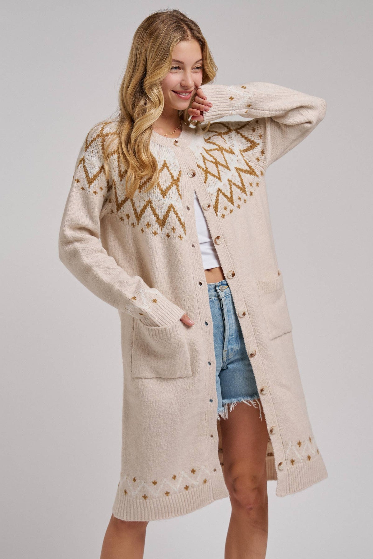 BON - NORDIC FAIR ISLE SWEATER LONG CARDIGAN IN OATMEAL