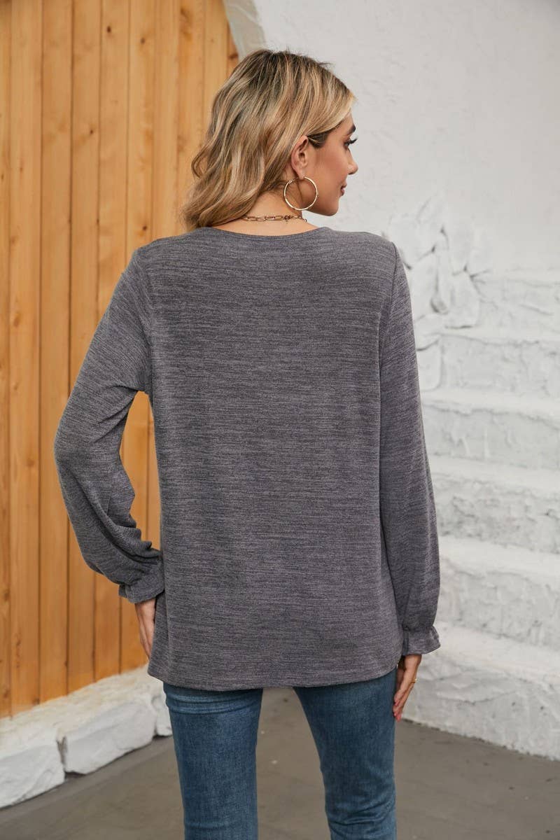 NINEXIS - CWTBLL1048_SOLID COLOR LONG SLEEVE ROUND NECK CASUAL TOP: Green / (L) 1