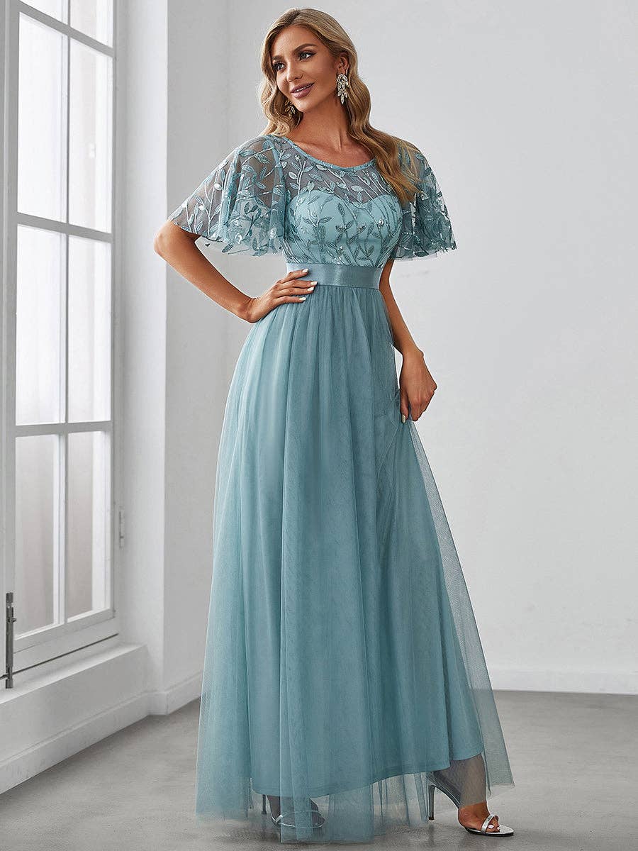 Ever-Pretty - Sequin Print Maxi Long Evening Dresses with Cap Sleeve: Dusty Navy / 16