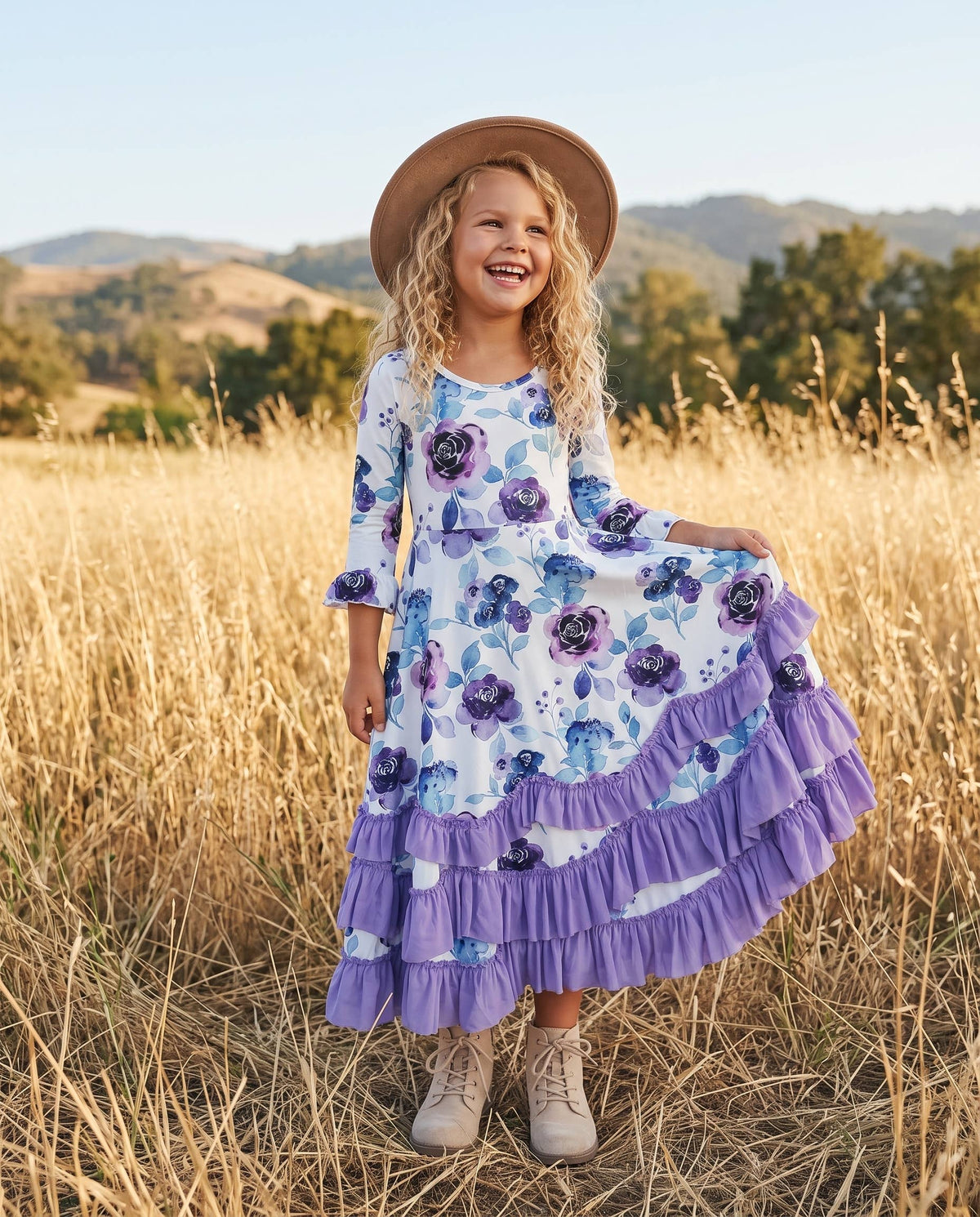 Oopsie Daisy - Girls Lavender Winter Floral Long Sleeve Ruffles Dress: 7/8