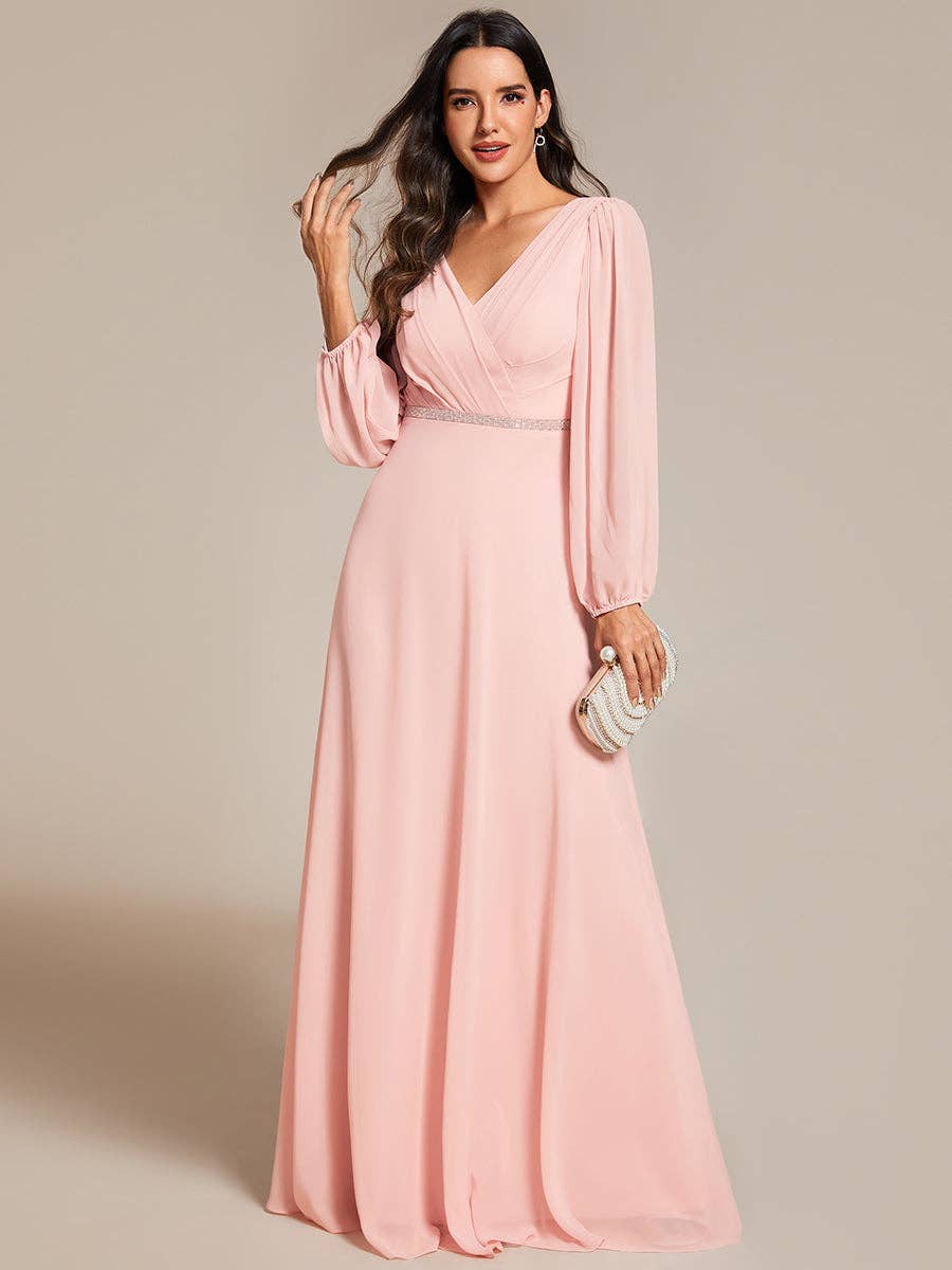 Ever-Pretty - Elegant waisted chiffon V-neck Long Sleeve guest Dress: Burgundy / 12