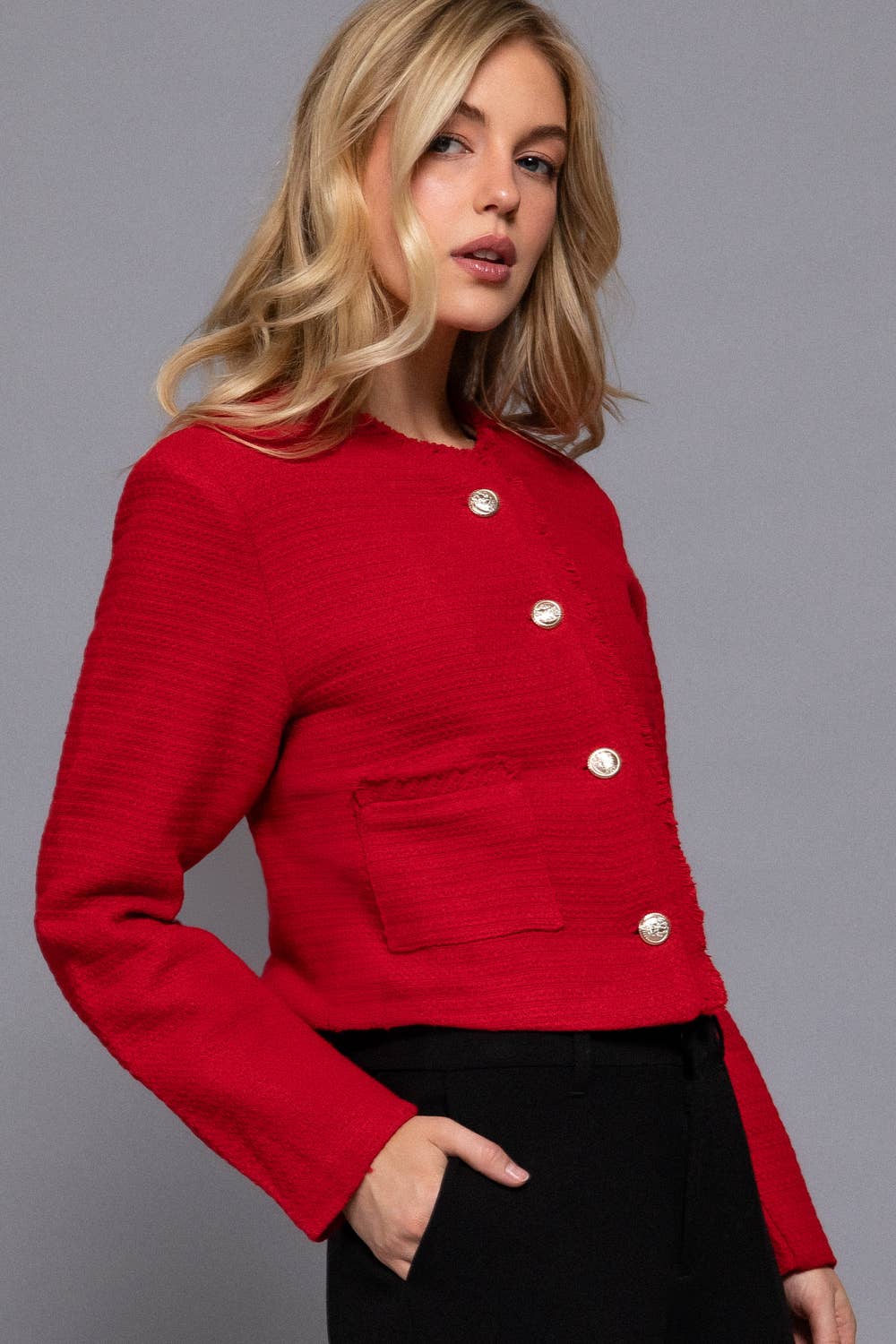 42POPS -  Button Down Tweed Jacket: RED