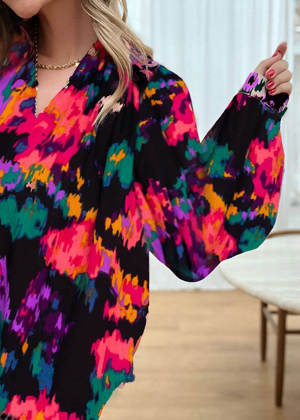 Secret Style Source - Painterly V-Neck Bubble Sleeve Top: Purple / S