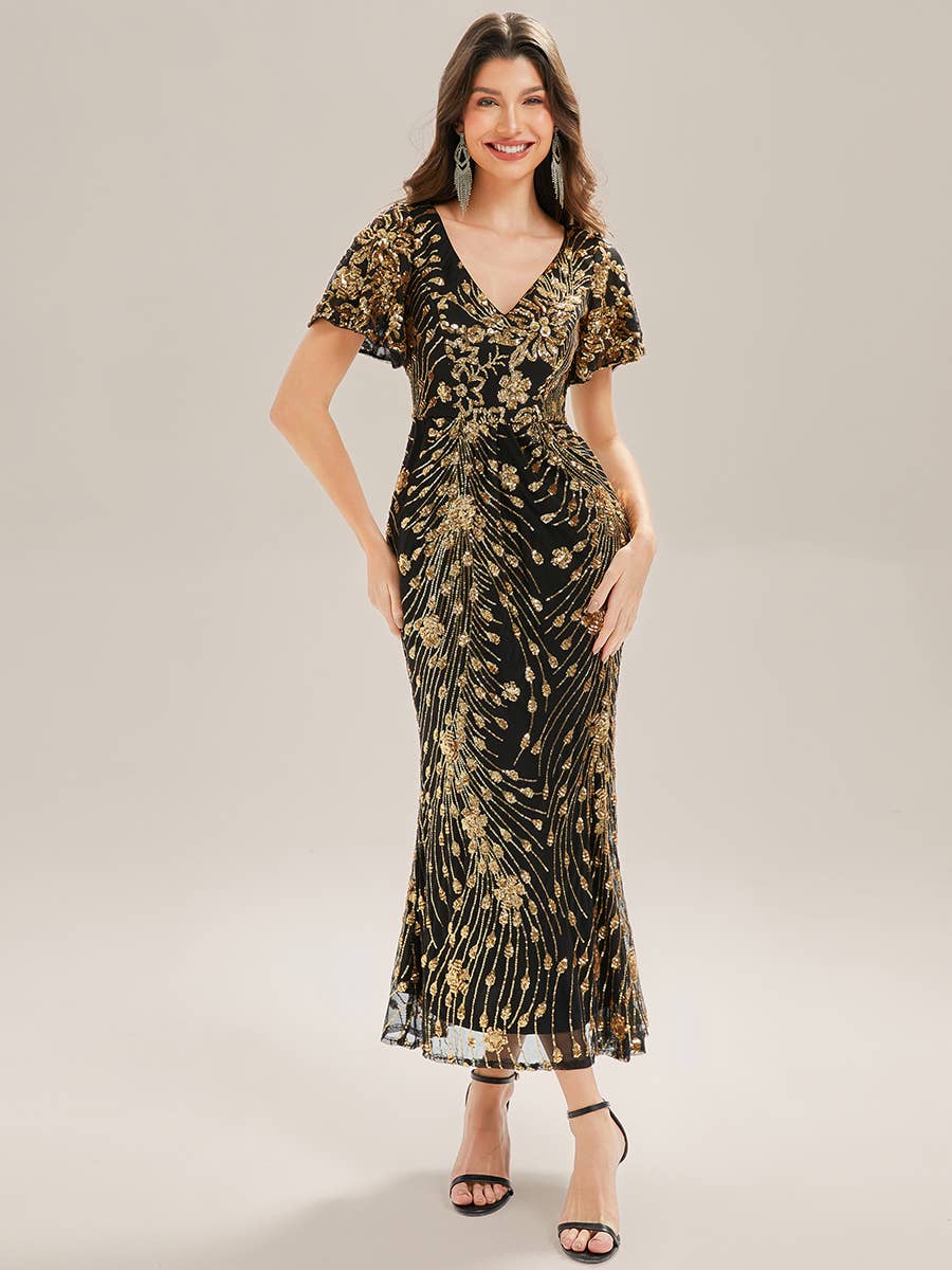 Ever-Pretty - Strapless Deep Fishtail Paillette Midi Evening Dresses: Sapphire Blue / 22