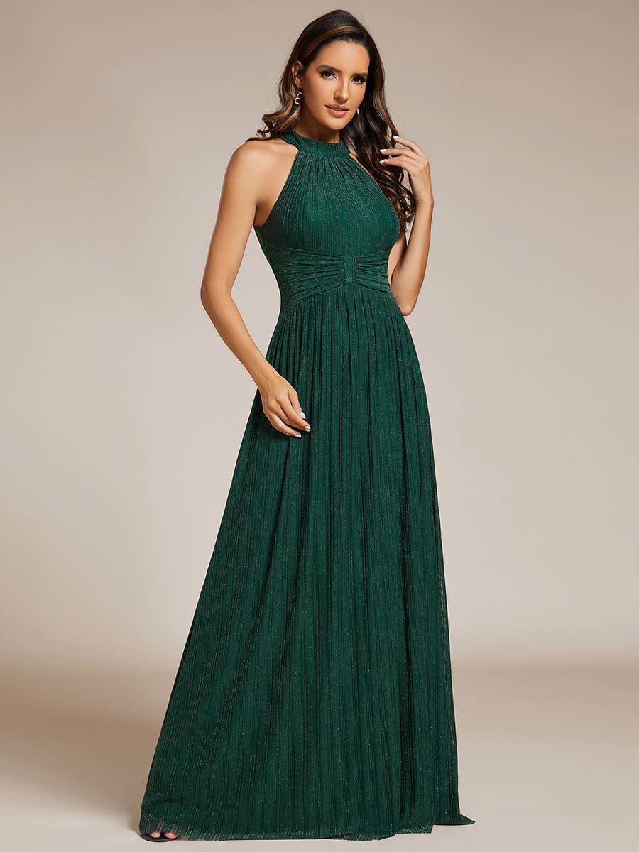 Ever-Pretty - Glittery Halter Neck Pleated Formal Evening Dress: Dark Green / 12