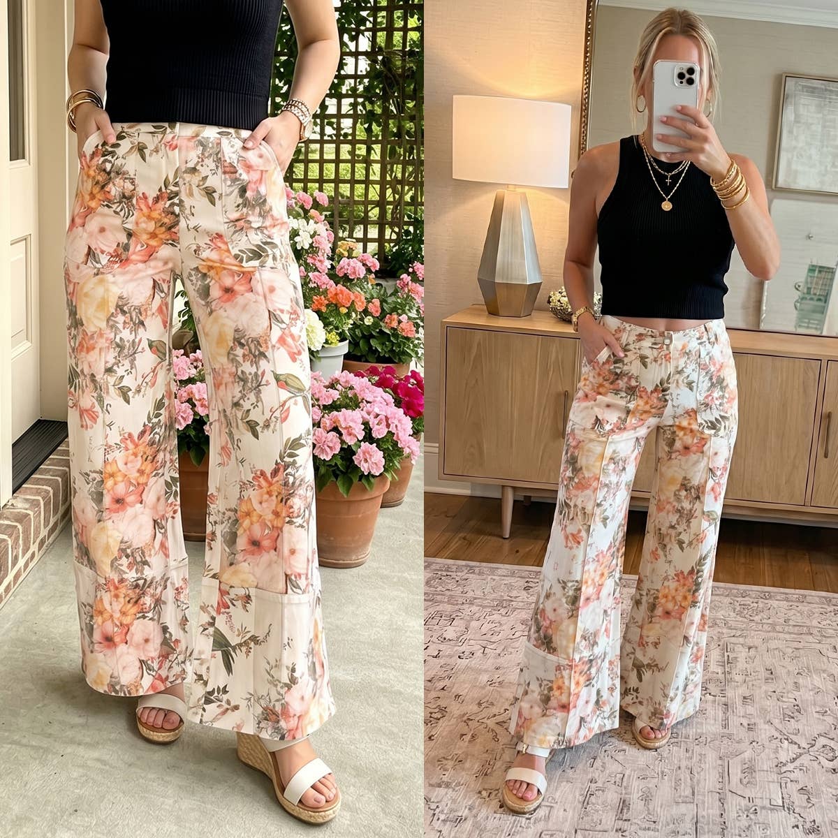 66DISCO - Floral Print High Waisted Wide Leg Denim Jeans: Beige