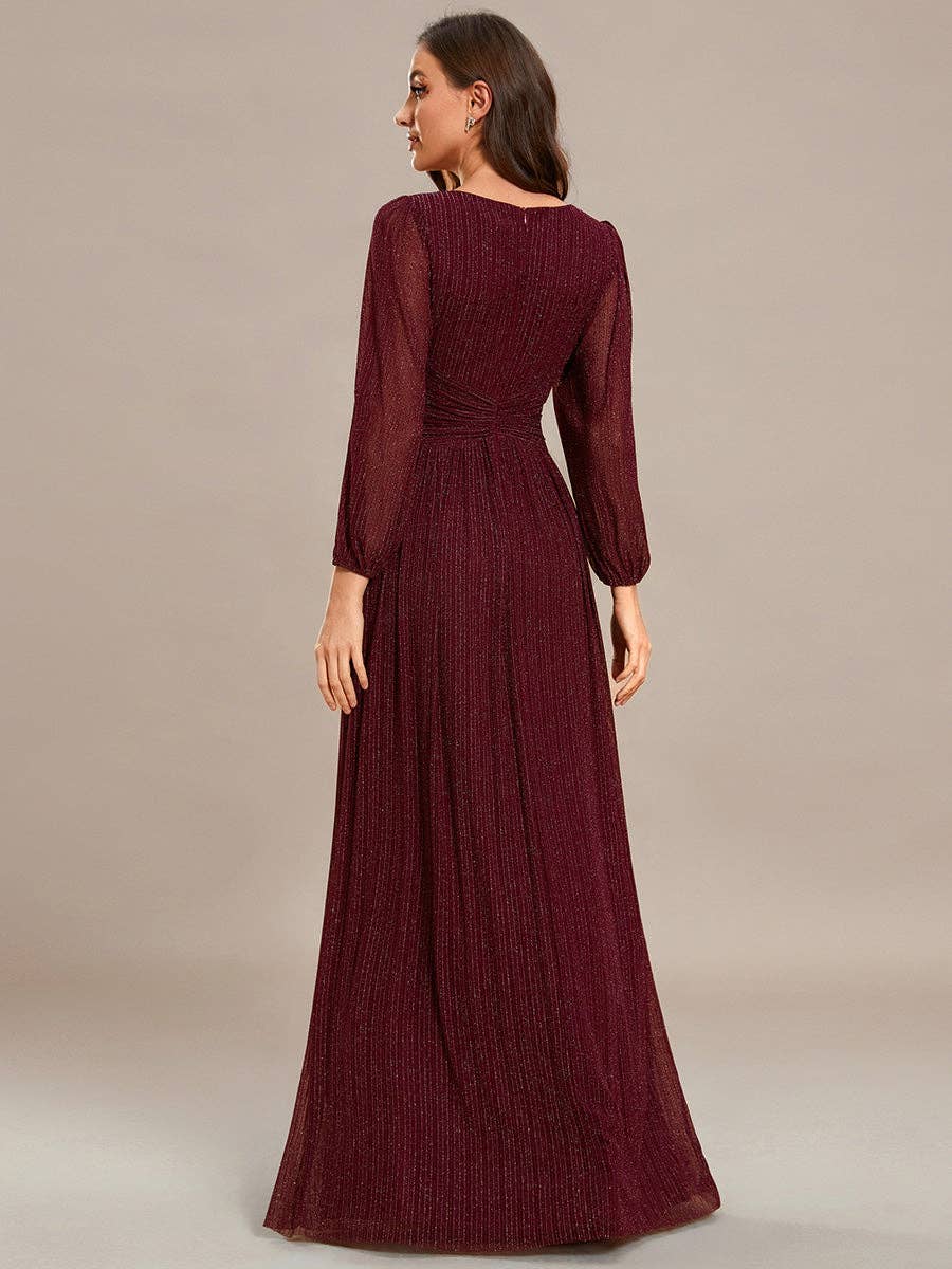 Ever-Pretty - Maxi Long Chiffon Waist V Neck Long Sleeves Evening Dress: Burgundy / 14