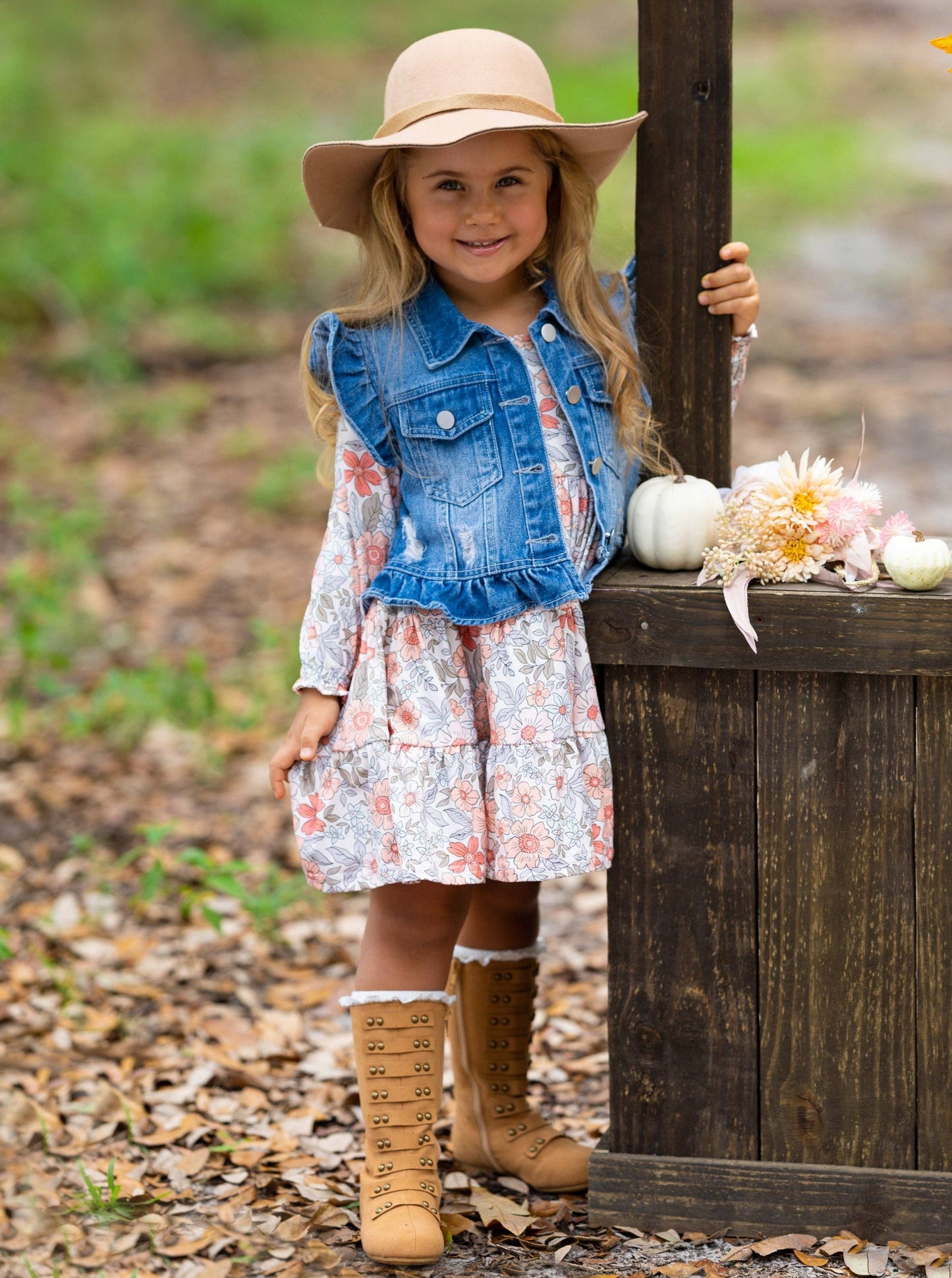 Mia Belle Girls • Wholesale - Long Sleeve Floral Dress w/ Ruffle Denim Vest & Set: Multicolor / 5Y