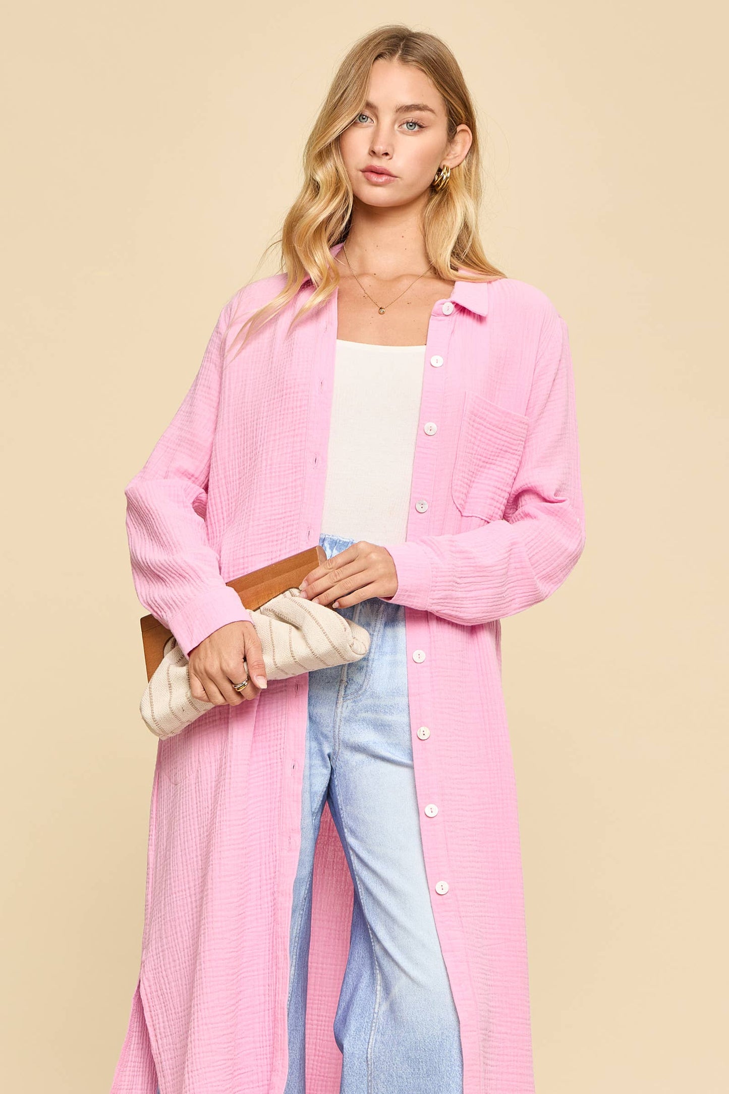 Dear Scarlett - Breathable Cotton Button-Down Duster: COASTAL NAVY