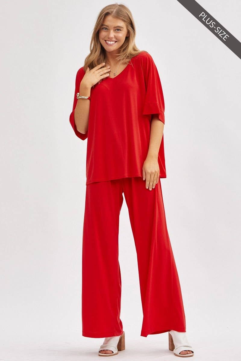 Dear Scarlett - PLUS SIZE Stylish Flowy Top + Wide Leg Set TRVSET-CABANAP: EMERALD / XL