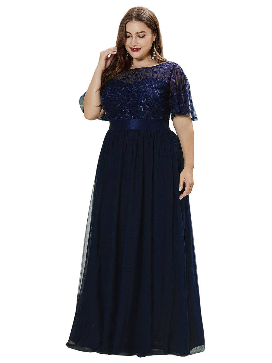 Ever-Pretty - Sequin Print Maxi Long Evening Dresses with Cap Sleeve: Dusty Navy / 14