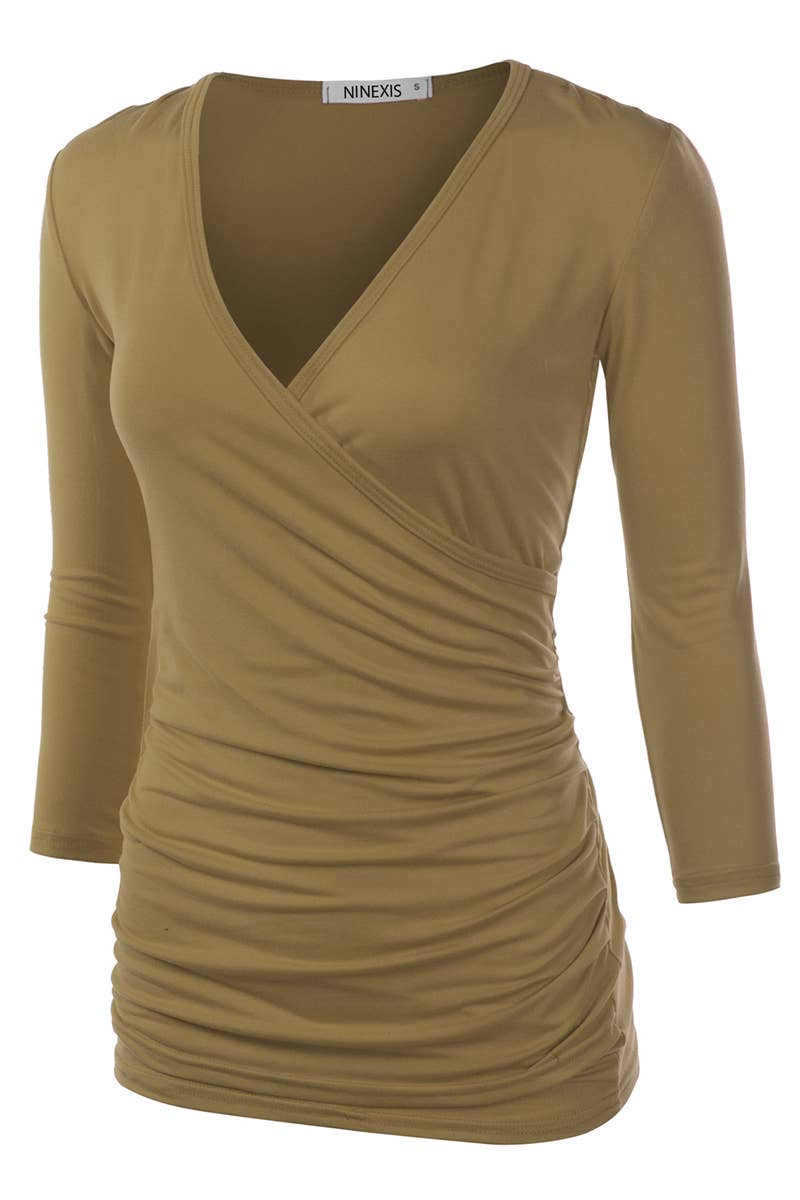 NINEXIS - CWTTL1403_3/4 Sleeve Tank Tops Deep V-Neck Surplice Wrap: NAVY / (S) 1