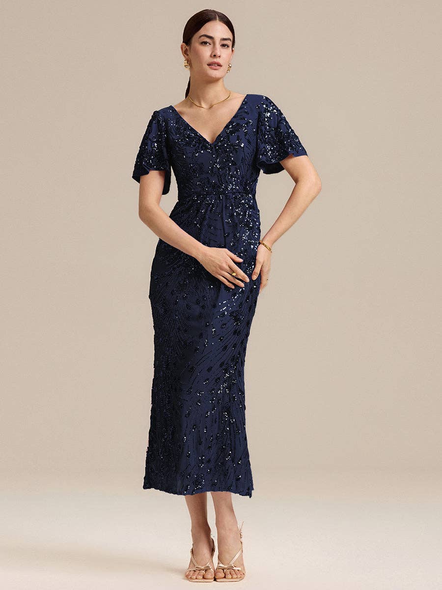 Ever-Pretty - Strapless Deep Fishtail Paillette Midi Evening Dresses: Sapphire Blue / 22