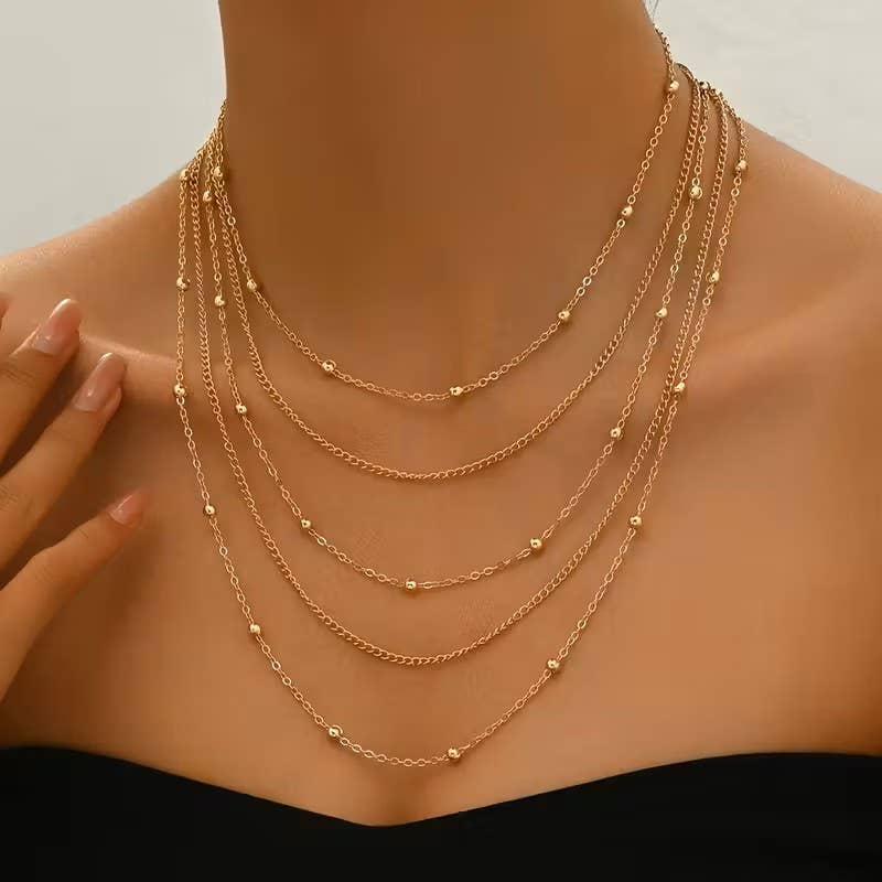 Syrrios Gifts LLC - Layered Multi Strand Beaded Chain Necklace Adjustable Choker: Silver