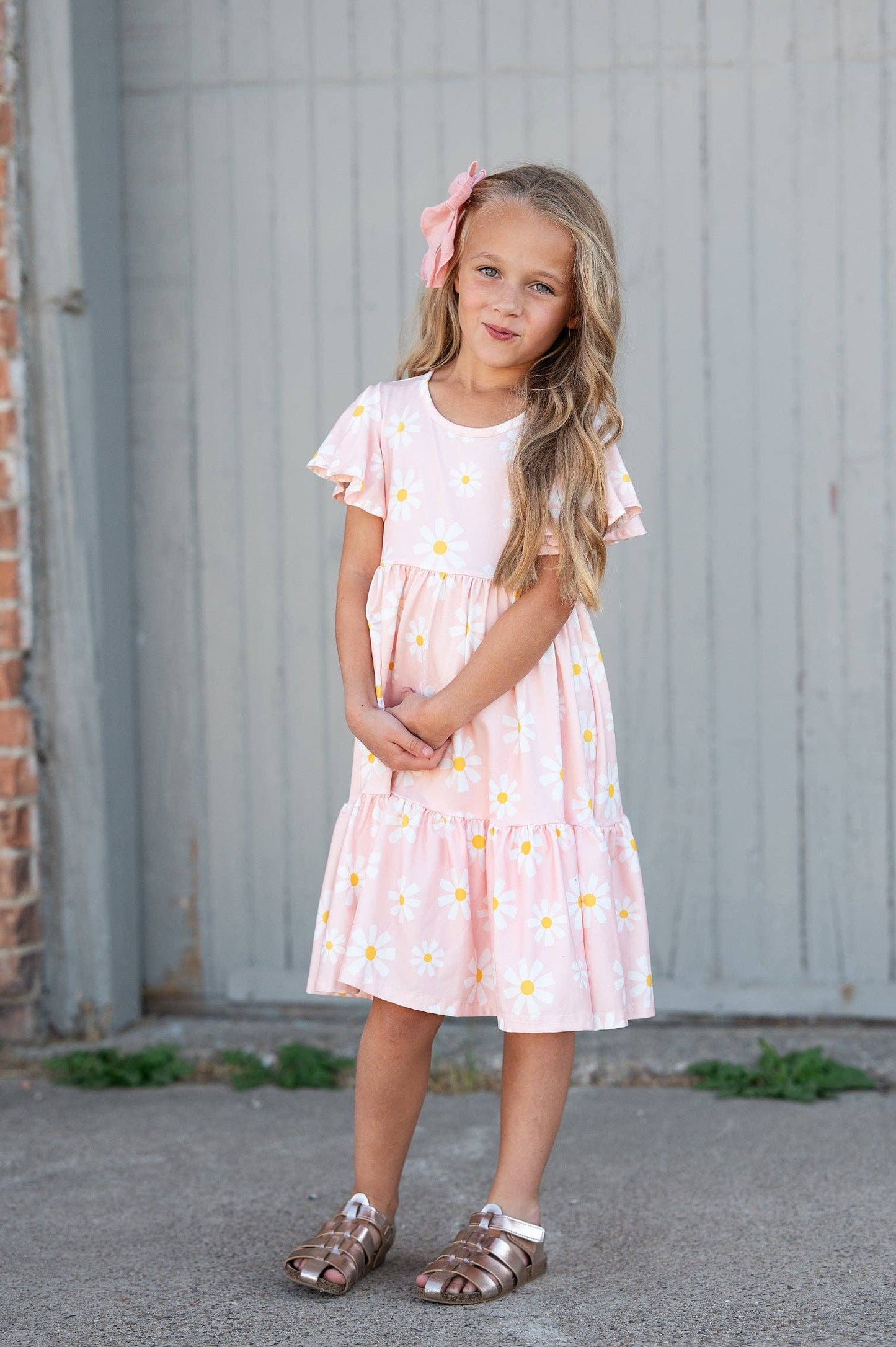 Oopsie Daisy - Girls Emma Pink Spring Daisy Flutter Sleeve Twirl Dress: 14
