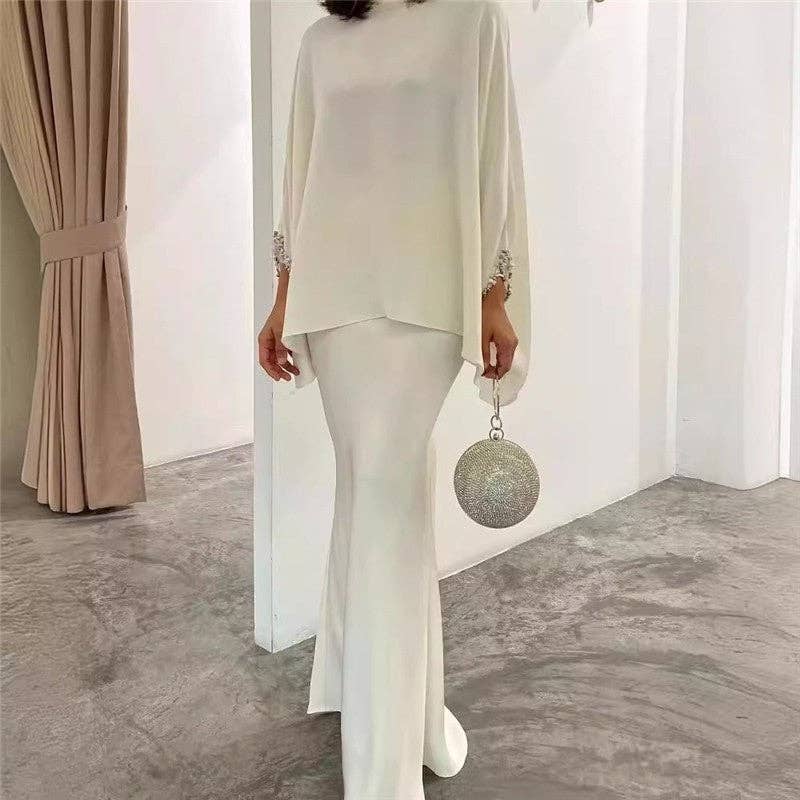 UZ Wholesale Store - Solid Color Pearl Embellished Floor-Length Dress Ensemble: LIGHT BLUE / XL