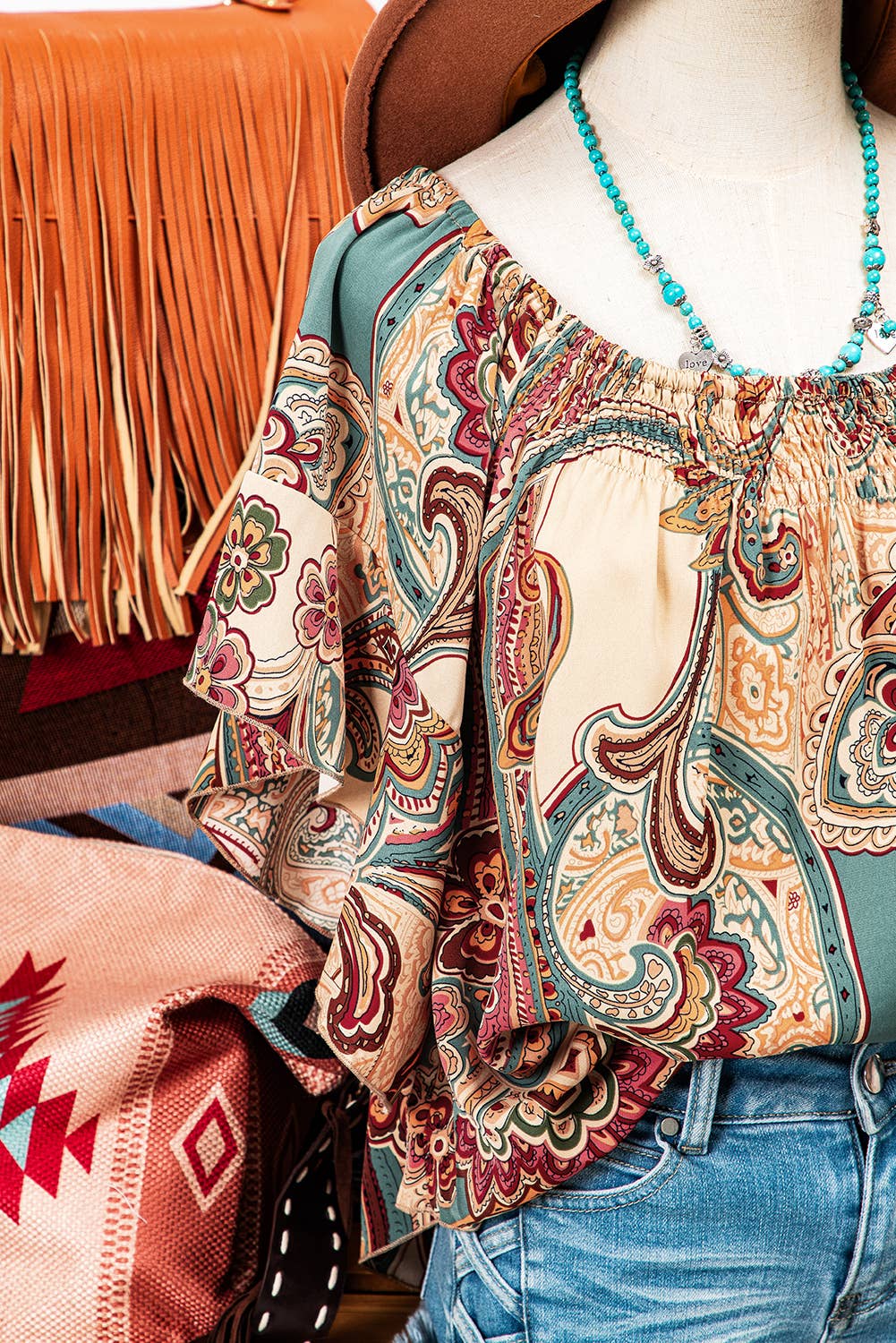 Fashionworks - Paisley Shirred Off Shoulder Ruffled Draped Sleeve Blouse SZ L