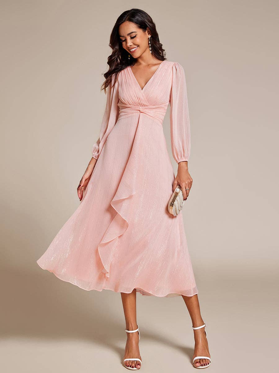 Ever-Pretty - Shiny Chiffon Wedding Guest Dress with Long Sleeve: 4-26 Special Order