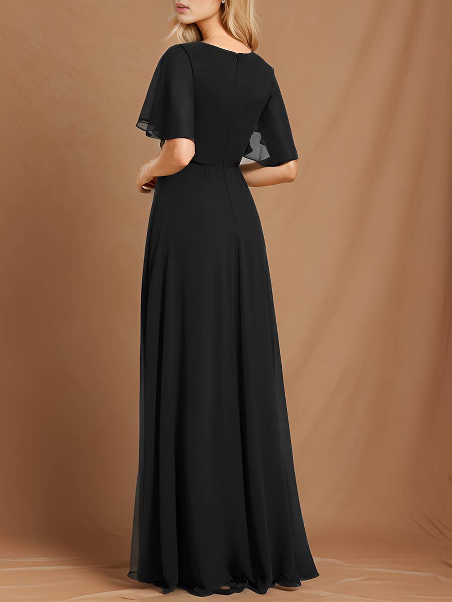 Ever-Pretty - V Neck Appliques Pleated Bridesmaid Dress: Burgundy / 12