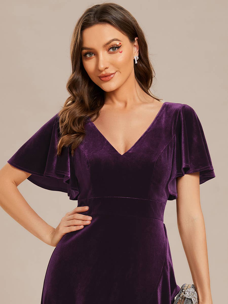 Ever-Pretty - High-low V Neck Evening Dress with Short Sleeves: Dark Purple