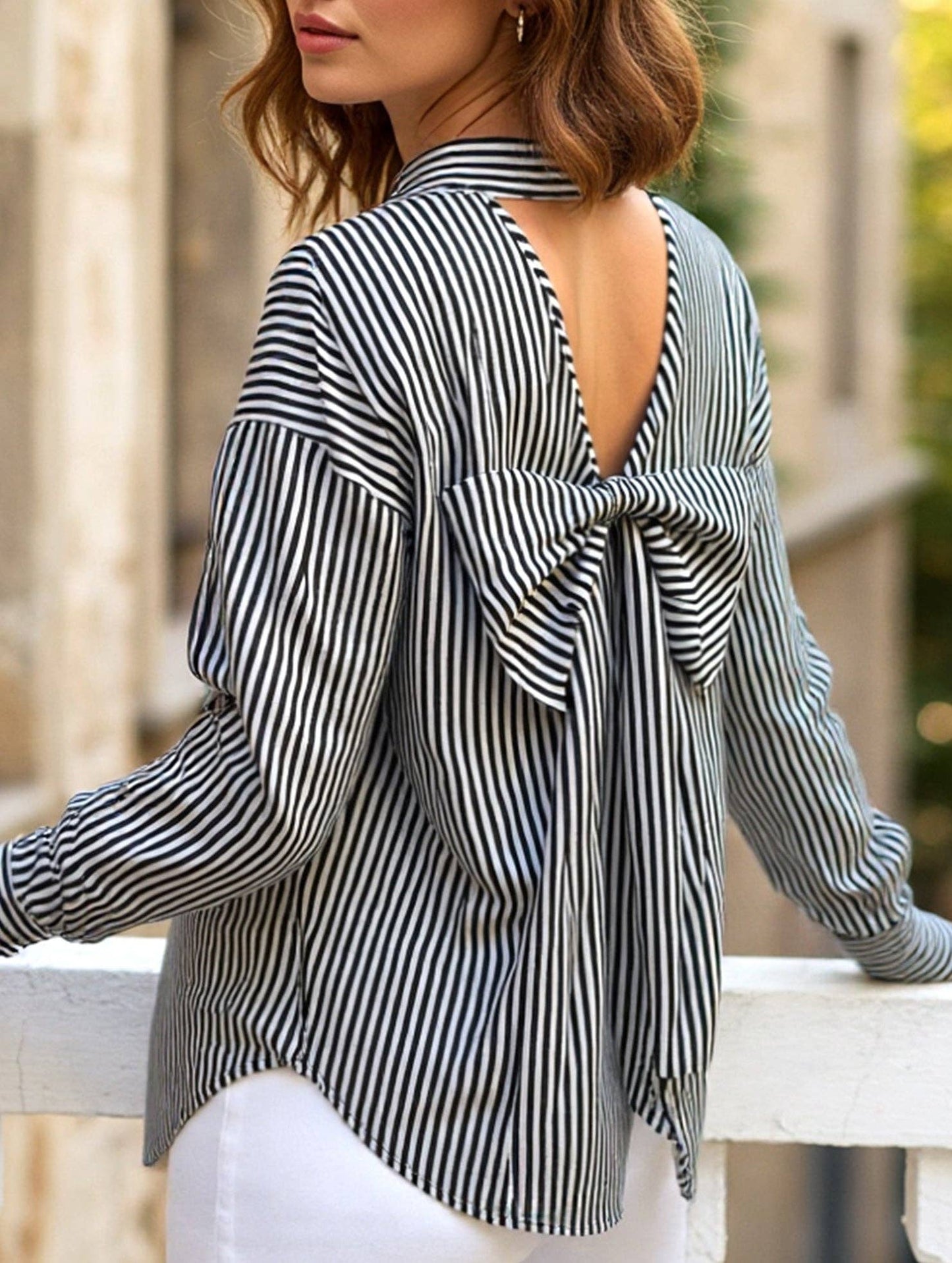 Lovenne Striped Blouse W/Bow