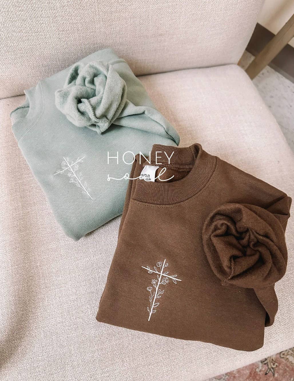 Honey Soul LLC - Embroidered Floral Cross Sweatshirt: Stonewash Green / XLarge