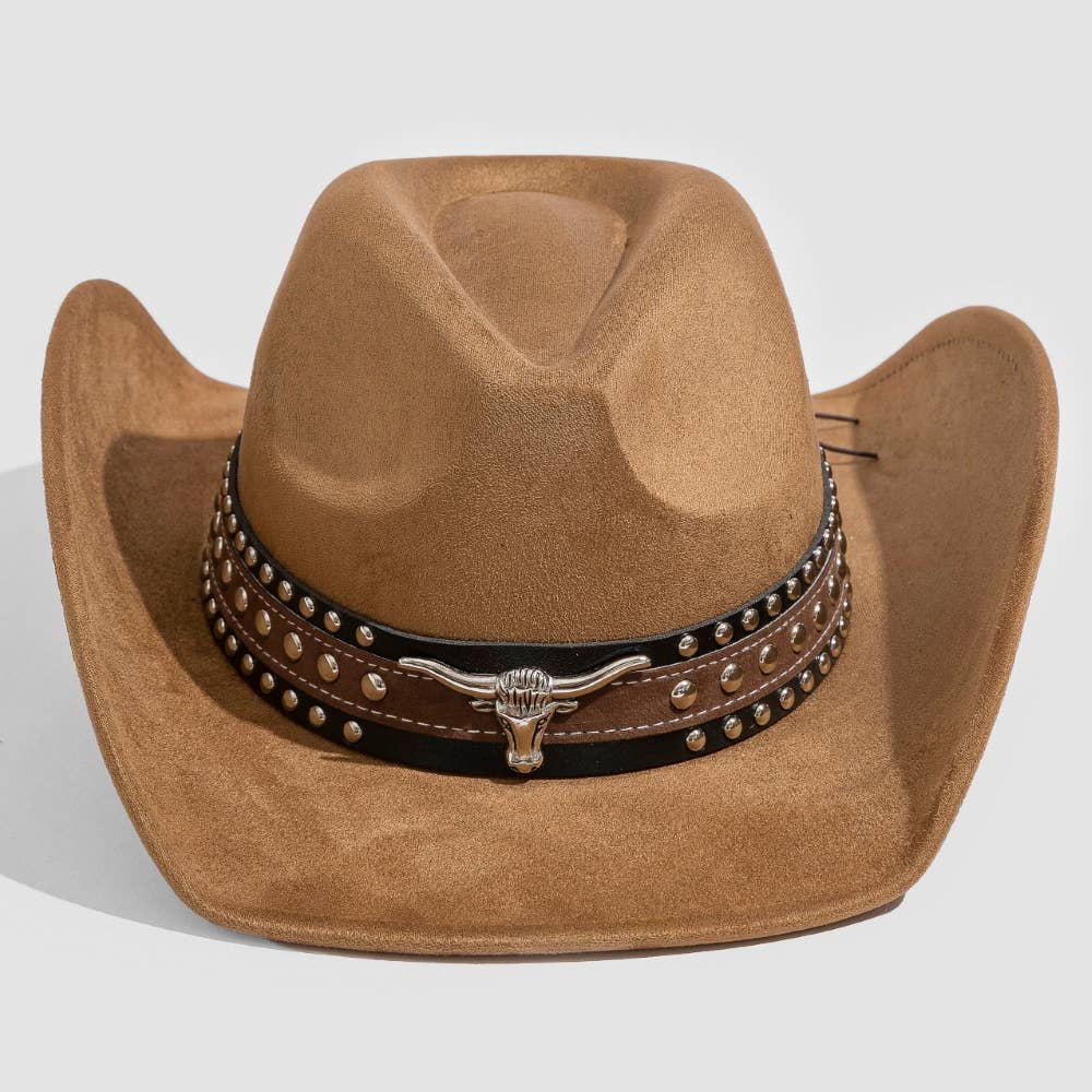 Collections by Fame Accessories - Layered Western Bull Head Strap Cowboy Hat: DBR
