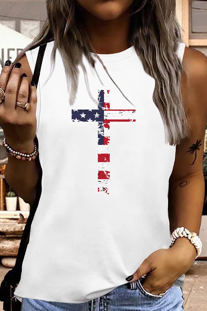 UNISHE - USA Flag Cross Christian Print Graphic Tank Top STC125D50: White / M