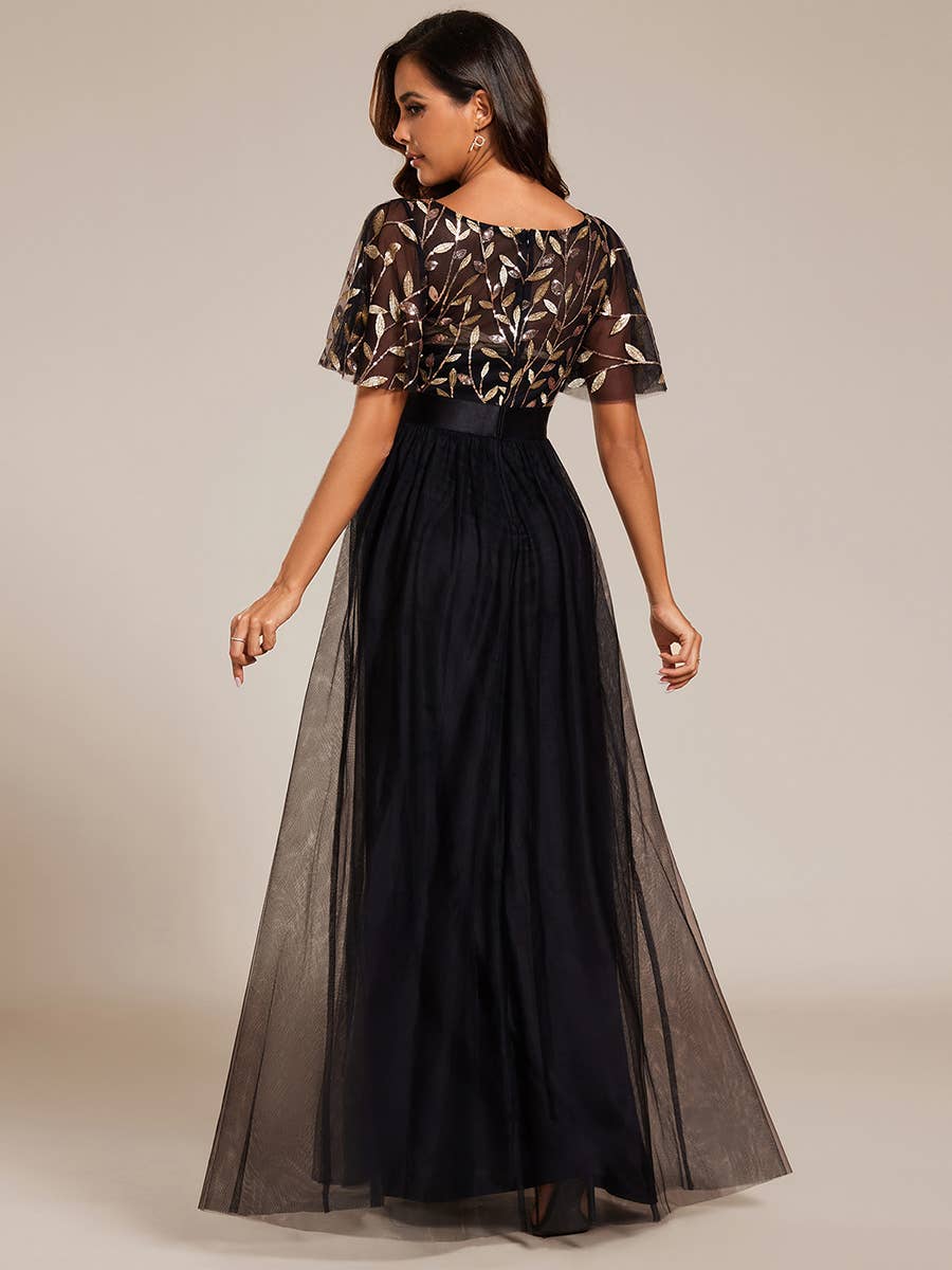 Ever-Pretty - Sequin Print Maxi Long Evening Dresses with Cap Sleeve: Dusty Navy / 16