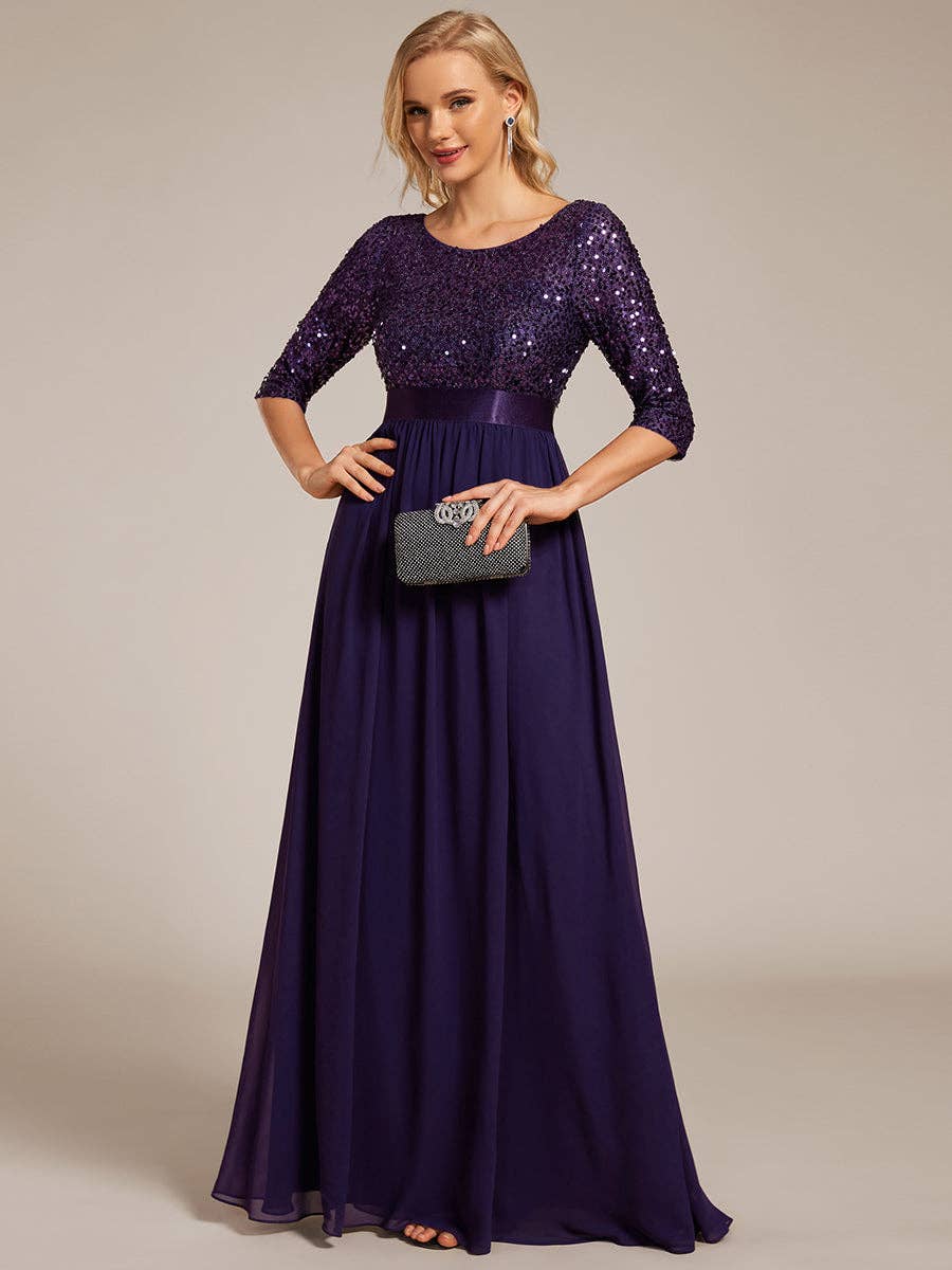 Ever-Pretty - Elegant Round Neckline Sequins Patchwork Dress: Navy Blue / 16